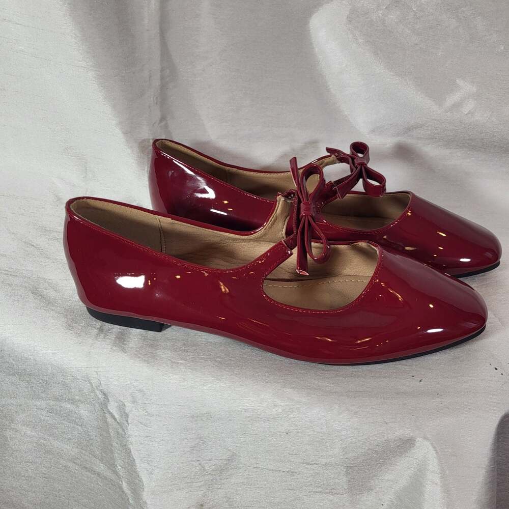 Red Patent Leather Mary Jane Flats with Double Bow Straps Taomengsi size 40/9